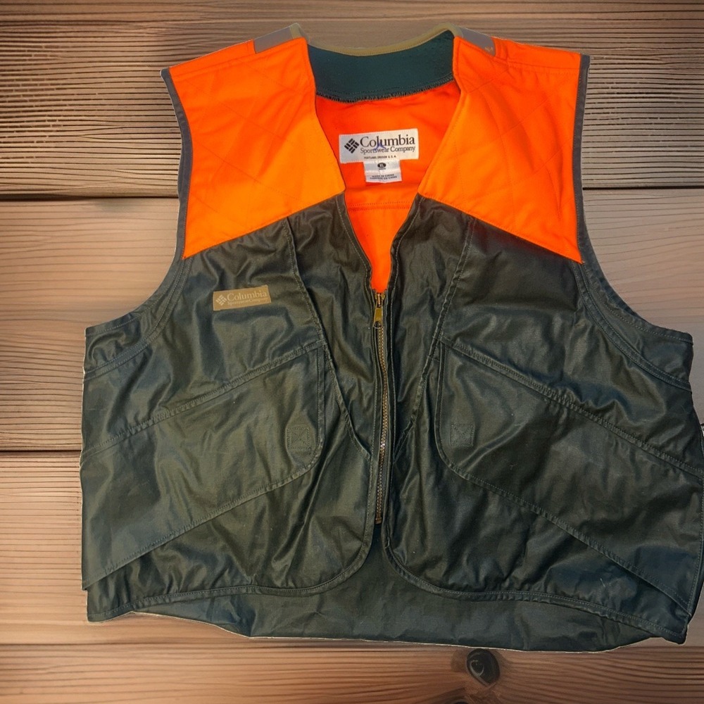 Vintage Columbia Sportswear Upland Hunting Vest Blaze Orange Green Men's XL
